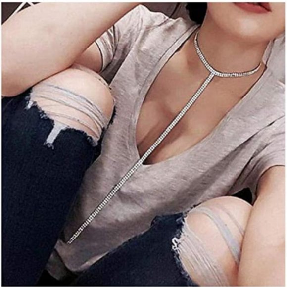 Double Row Crystal Tassel Choker Necklace - Picture 3 of 5